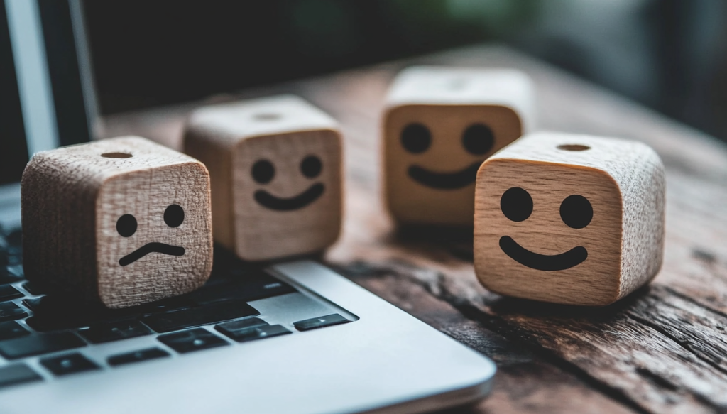 happy and sad faces on wooden blocks